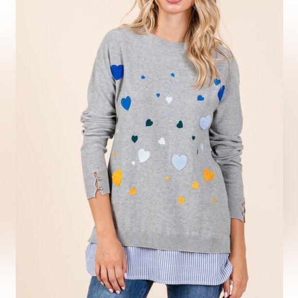 LONG SLEEVE WITH BUTTON  TEXTURED AND EMBROIDERY HEARTS STRIPE SHIRT BOTTOM - Picture 3 of 7